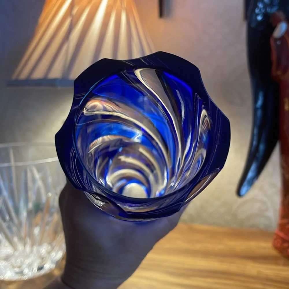 Vintage Bohemia hand cut lead crystal blue swirl vase